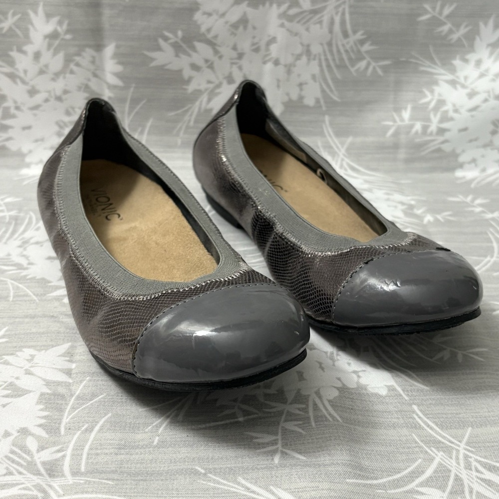 Vionic Women's Sz 8 Allora Silver/Gunmetal Leather Scrunch Ballet Flat Shoes EUC